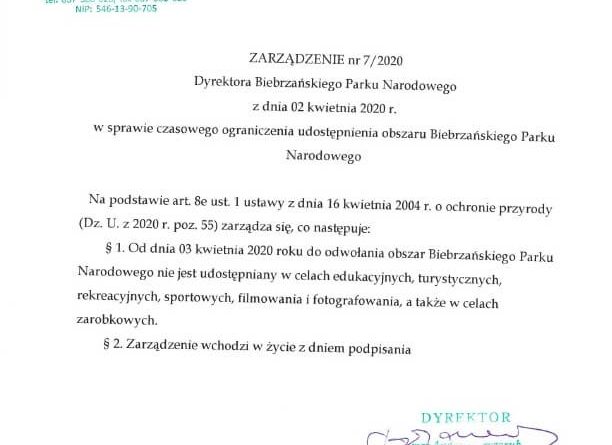 Zarządzenie_nr_7_2020 w_sprawie_czasowego_ograniczenia_udostepniania_obszaru_Biebrzanskiego_Parku_Narodowego